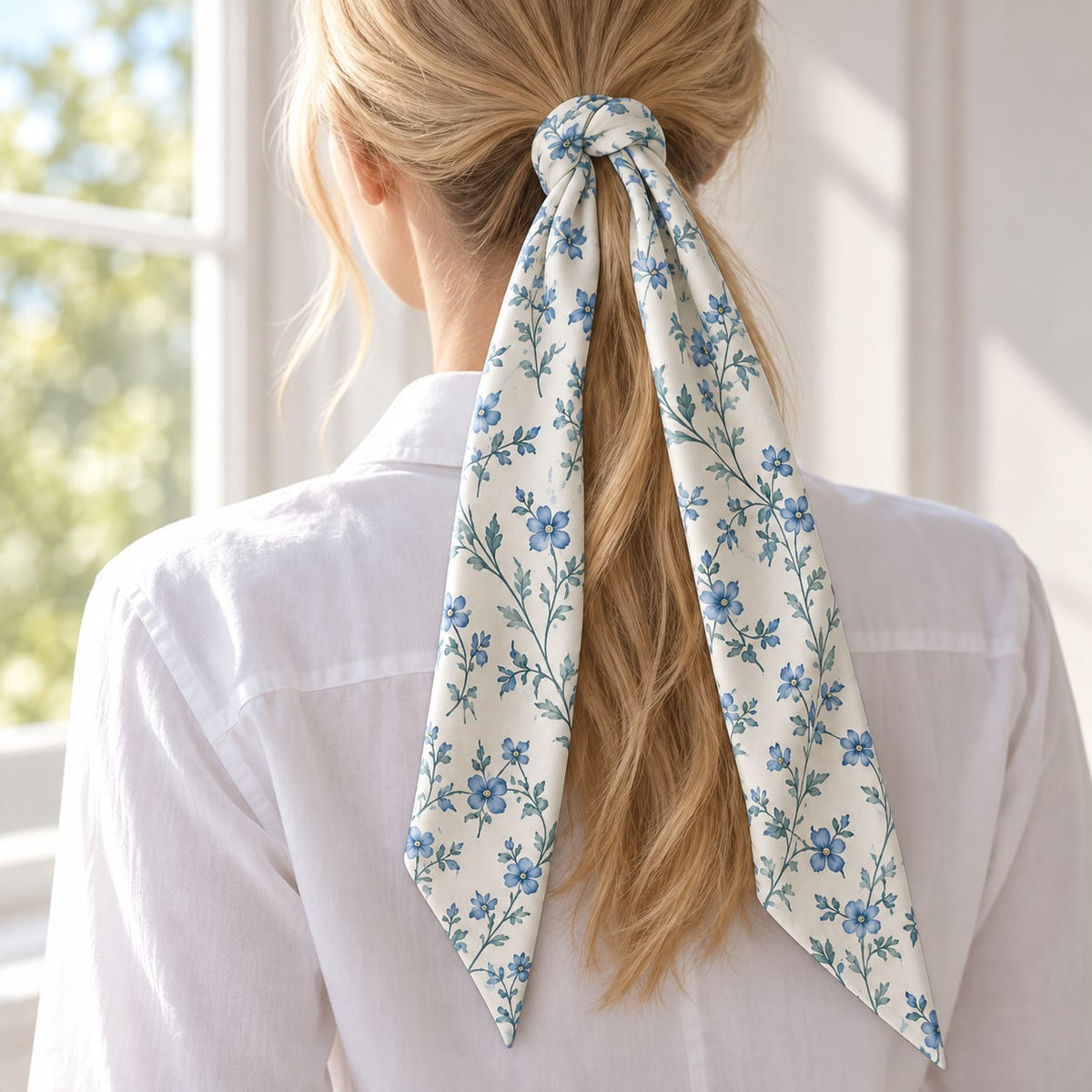 Blue Meadow Narrow Scarf: single scarf display or styling concept; props excluded