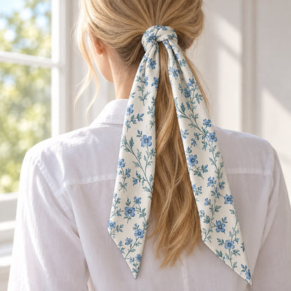 Blue Meadow Narrow Scarf: single scarf display or styling concept; props excluded