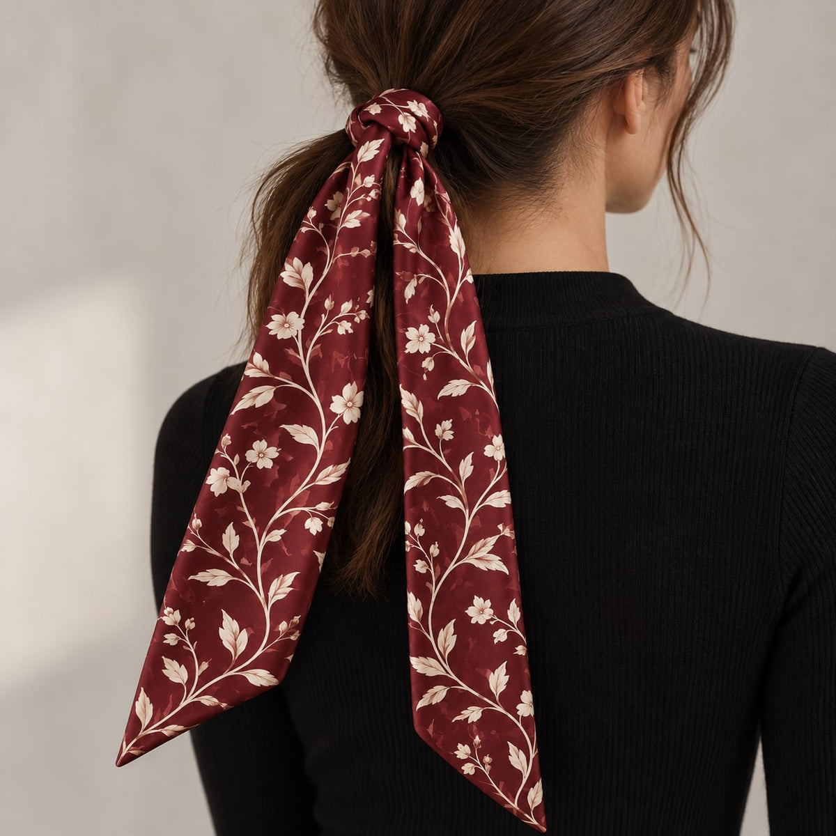 Burgundy Vine Narrow Scarf: single scarf display or styling concept; props excluded