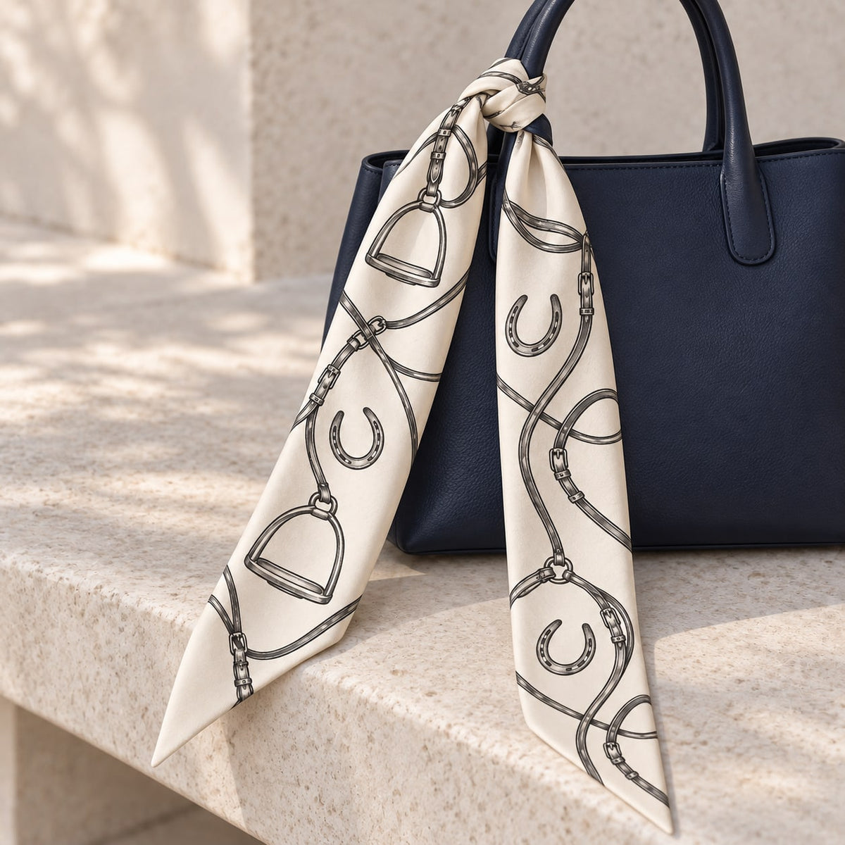 Equestrian Line Narrow Scarf: single scarf display or styling concept; props excluded