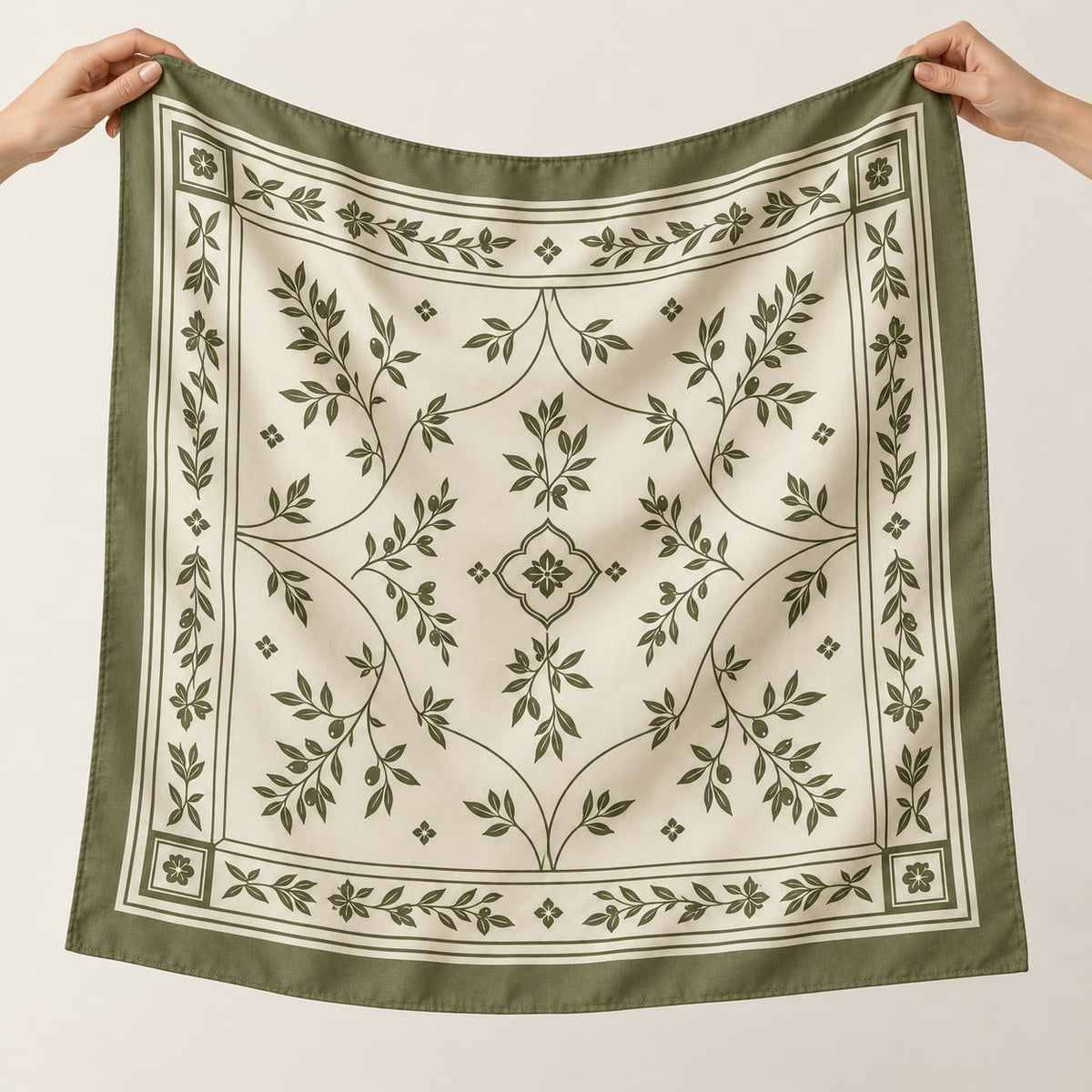 Olive Border Scarf: single scarf display or styling concept; props excluded