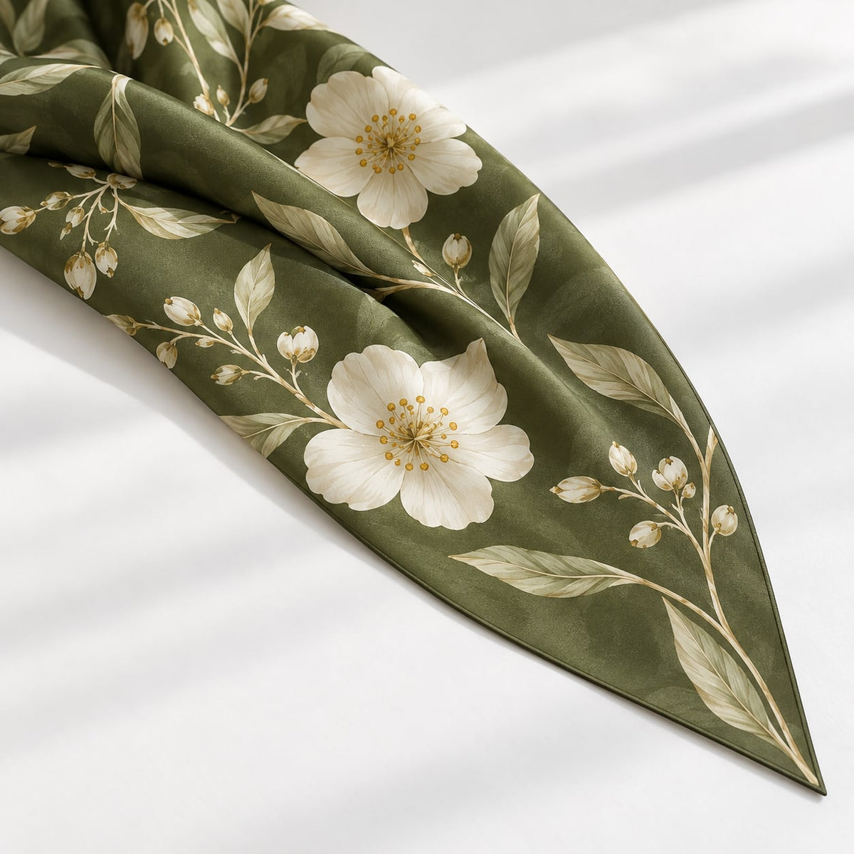 Olive Petal Narrow Scarf: print design study, not verified construction