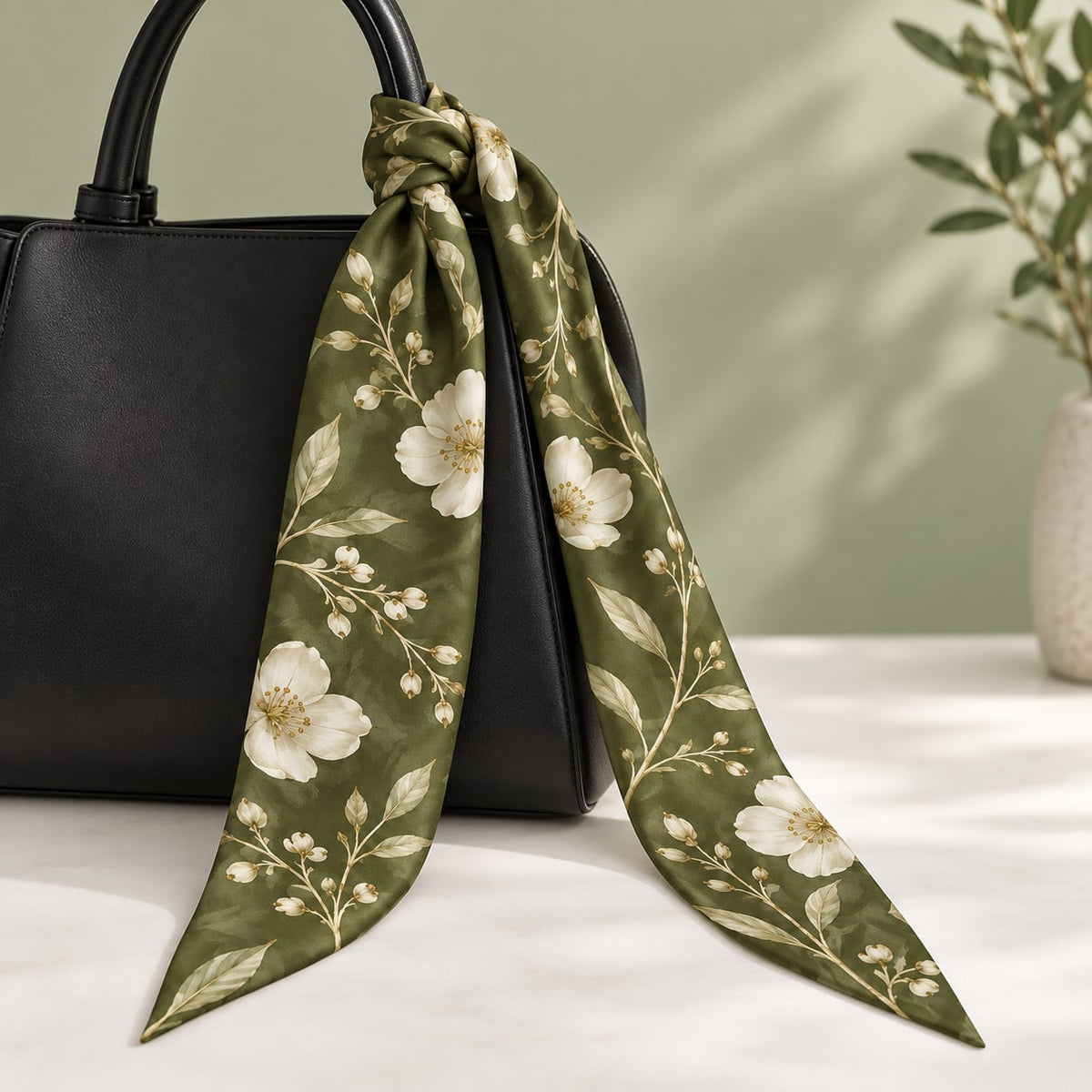 Olive Petal Narrow Scarf: single scarf display or styling concept; props excluded