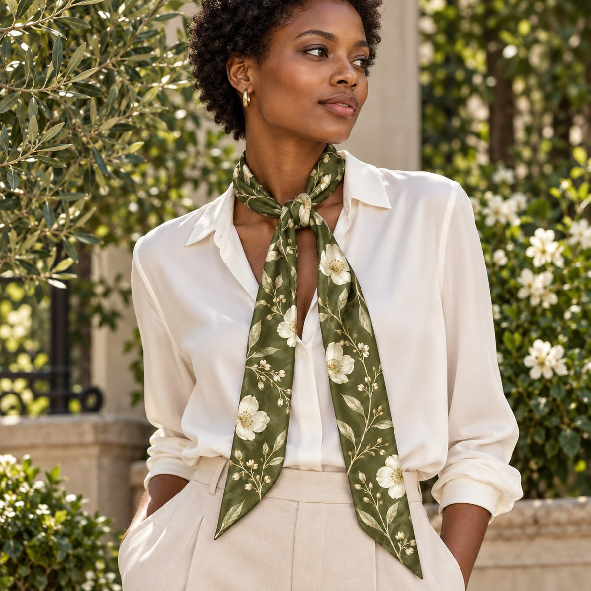 Olive Petal Narrow Scarf: concept outfit styling