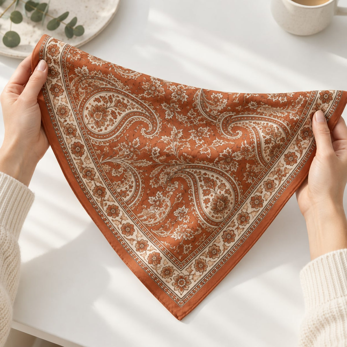 Terracotta Paisley Scarf: single scarf display or styling concept; props excluded