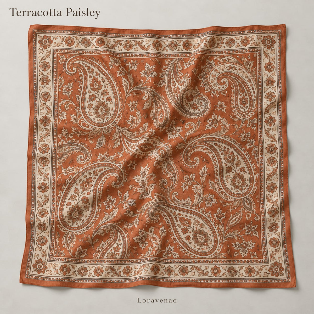 Terracotta Paisley Scarf: proposed scarf design with brand title