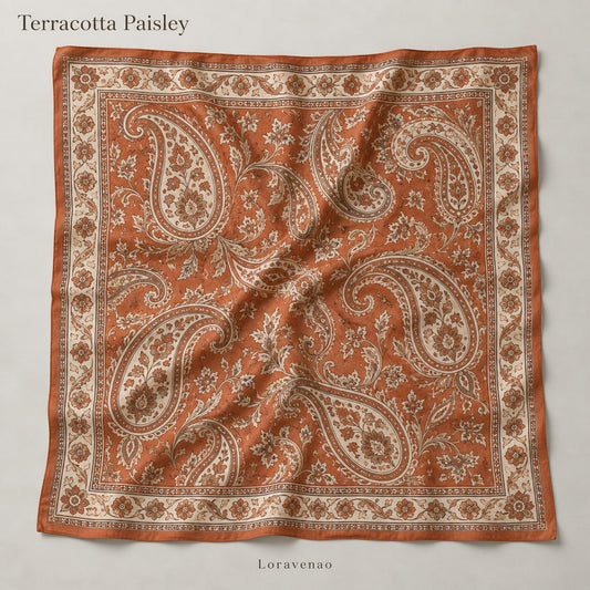 Terracotta Paisley Scarf: proposed scarf design with brand title